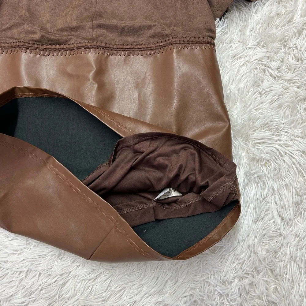Loveriche Brown Two-Tone Faux Suede & Leather-Look Dress L